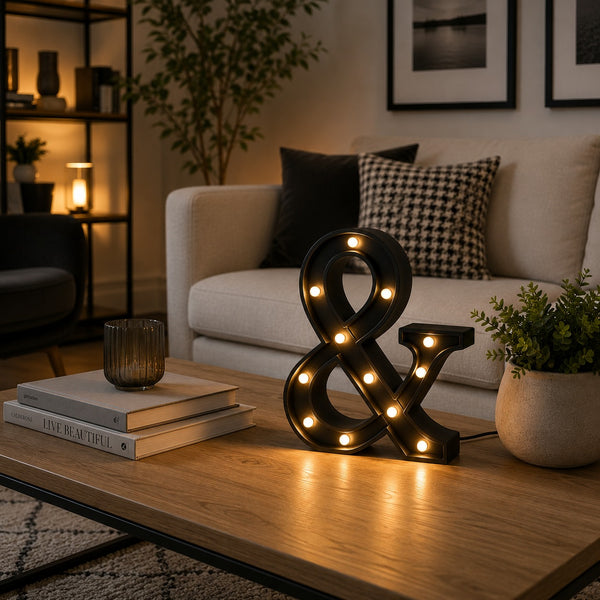 Micasa LORA black LED ampersand lamp displayed on a coffee table in a contemporary living room.