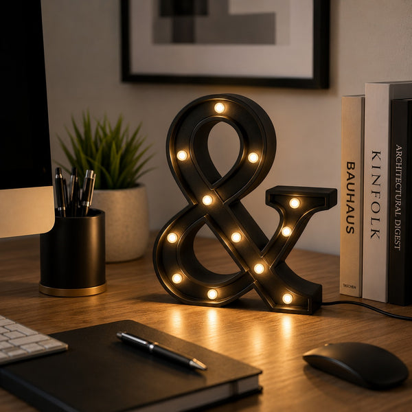 Micasa LORA LED ampersand lamp providing warm ambient lighting on a contemporary office desk.