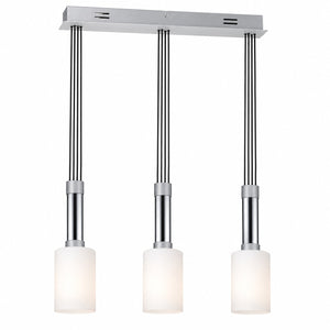 Micasa MILA 3-light pendant light with satin silver finish, chrome accents and frosted glass shades on a white background.