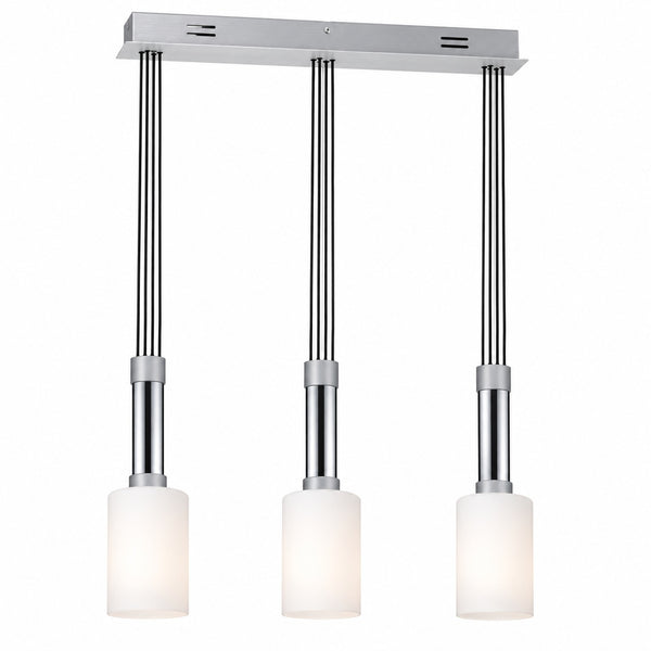 Micasa MILA 3-light pendant light with satin silver finish, chrome accents and frosted glass shades on a white background.