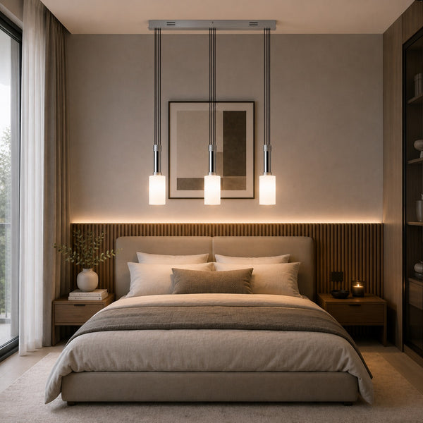Micasa MILA 3-light pendant light installed in a modern bedroom.