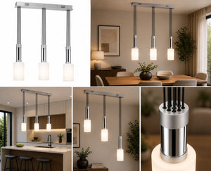 Close-up of the Micasa MILA pendant showing six suspension cords, chrome detail and frosted glass diffuser.
