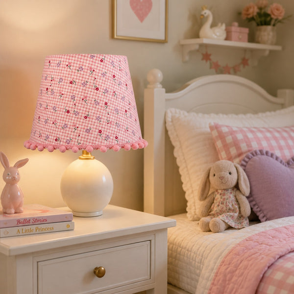 Micasa pink gingham floral lampshade with pom-pom trim displayed on a bedside table in a pastel children’s bedroom.