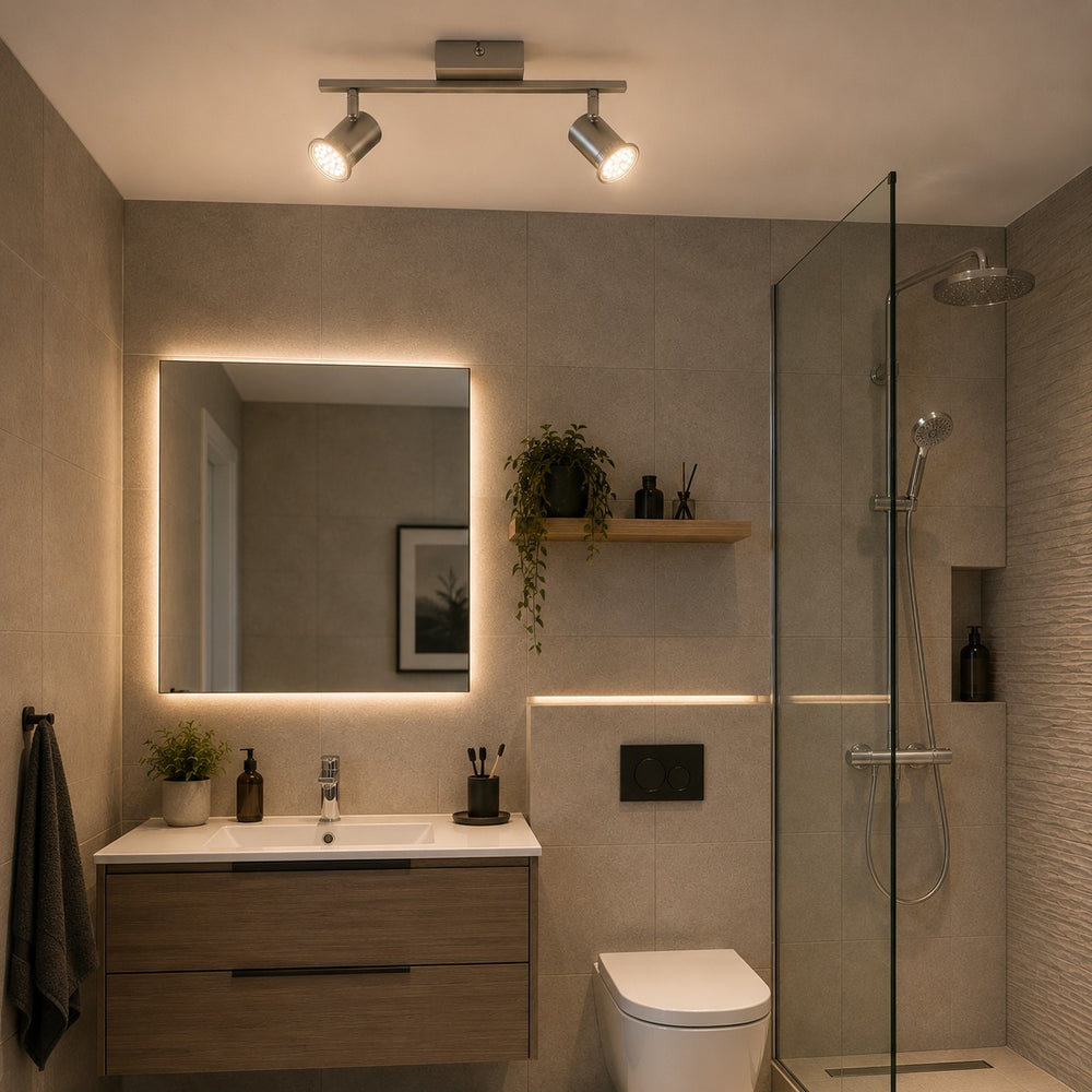 Micasa SHIDO II 2-light LED spotlight bar installed in a modern bathroom above the vanity for bright task lighting.
