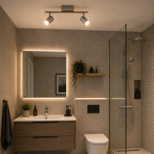 Micasa SHIDO II 2-light LED spotlight bar installed in a modern bathroom above the vanity for bright task lighting.