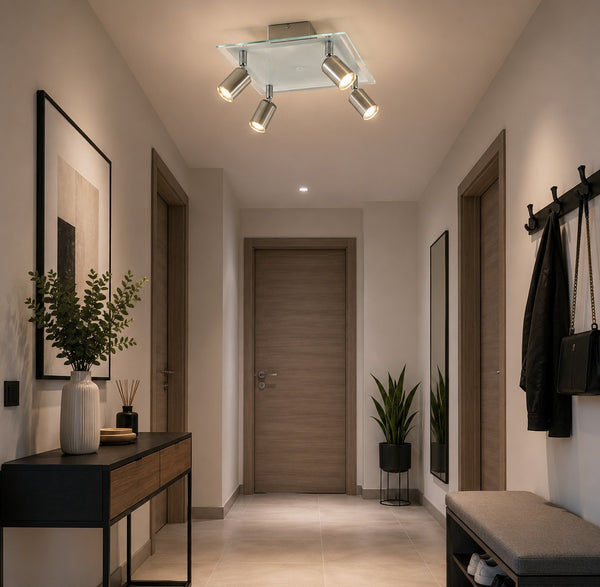 Micasa SHIDO II modern 4-light ceiling spotlight installed in a stylish hallway entrance.