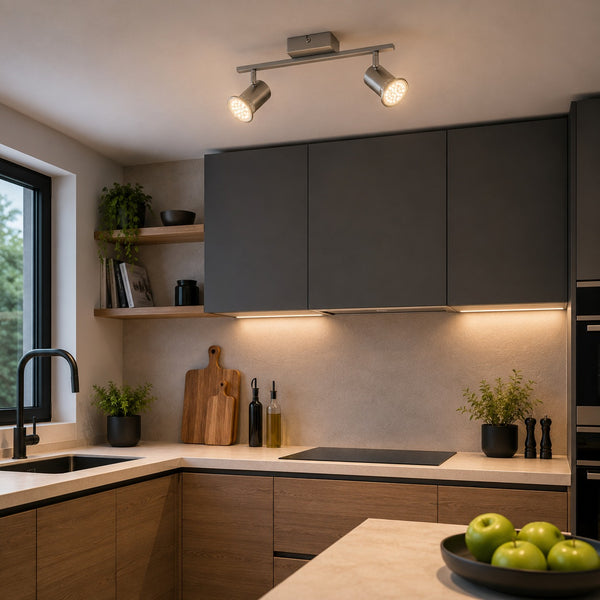 Micasa SHIDO II satin nickel LED spotlight bar providing adjustable lighting in a contemporary kitchen.