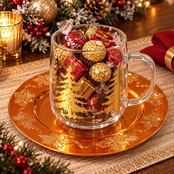 A clear glass mug filled with assorted wrapped chocolates, including Lindt and Ferrero Rocher, displayed on a gold-toned plate in a festive holiday setting with candles and pine branches.