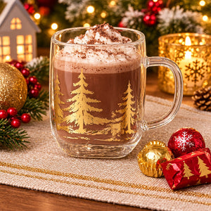 A clear glass mug with a gold tree pattern, filled with a hot chocolate drink topped with whipped cream and cocoa powder, set on a festive holiday table with candles, ornaments, and lights in the background.