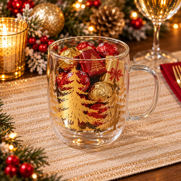 A clear glass mug with a gold Christmas tree design sits on a woven placemat, filled with wrapped chocolates and candy. The background is a cozy holiday table setting with pine branches, red berries, a gold ornament, a lit candle, and a wine glass.