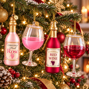 Three Christmas ornament decorations hanging from a lit Christmas tree: a pink rosé wine bottle ornament, a pink wine glass ornament, and a red wine bottle ornament with a red wine glass ornament. The ornaments are styled on a decorated holiday tree with warm lights and red ornaments.