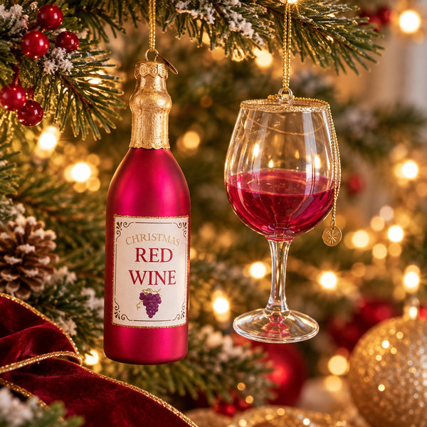 A Christmas ornament set shaped like a red wine bottle and a wine glass, hanging from a decorated Christmas tree with warm lights and festive red decorations in the background.
