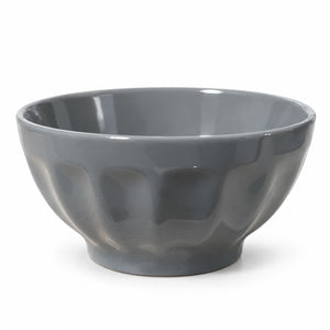 A dark gray ceramic bowl with a textured, wavy pattern on the exterior, shown against a plain white background.