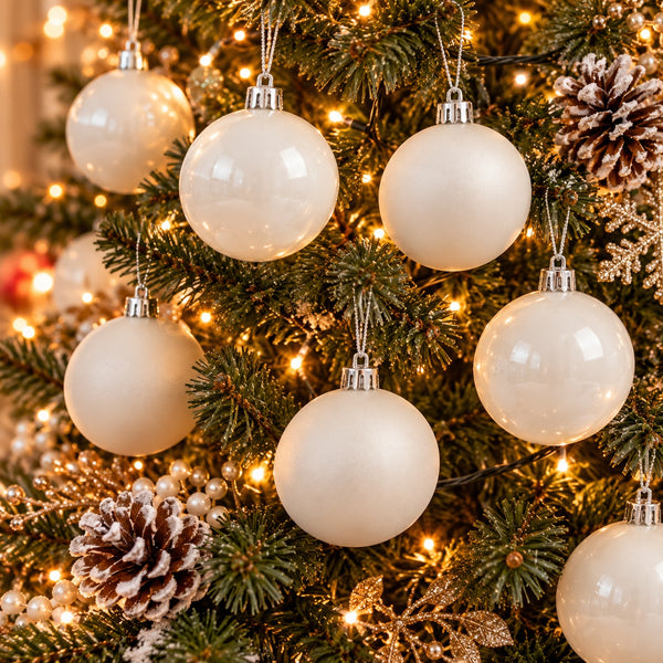 BASIC white glossy and matte baubles hanging on a decorated Christmas tree