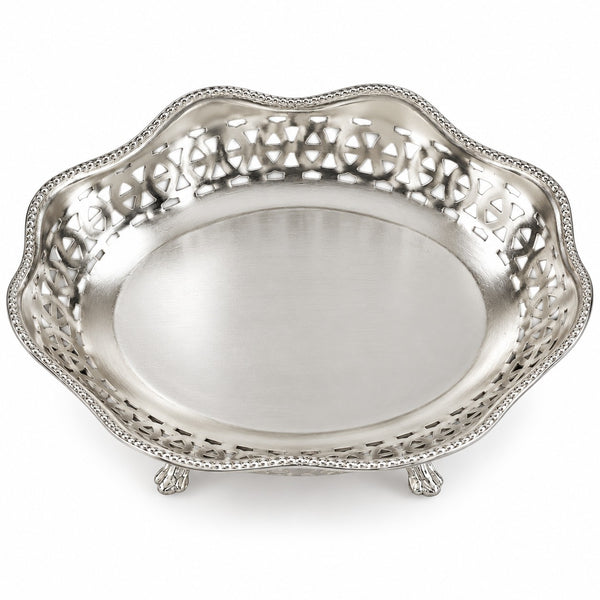 An oval silver serving tray with a scalloped edge, intricate cutout filigree detailing on the sides, and small feet, shown on a white background.
