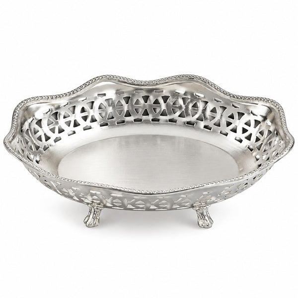 A silver filigree serving tray with scalloped edges, decorative cutout patterns, and three small feet, shown on a clean white background.