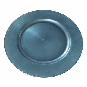 A round metallic silver charger plate with a brushed finish, photographed from directly above on a white background.