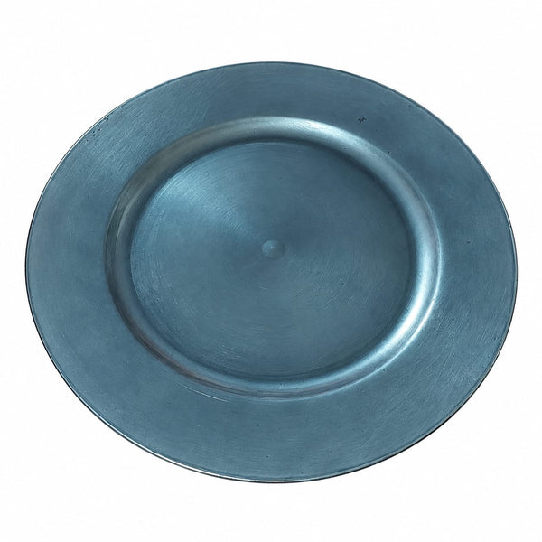 A round metallic silver charger plate with a brushed finish, photographed from directly above on a white background.
