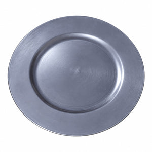 A round metallic silver charger plate with a brushed finish, photographed from directly above on a solid white background.