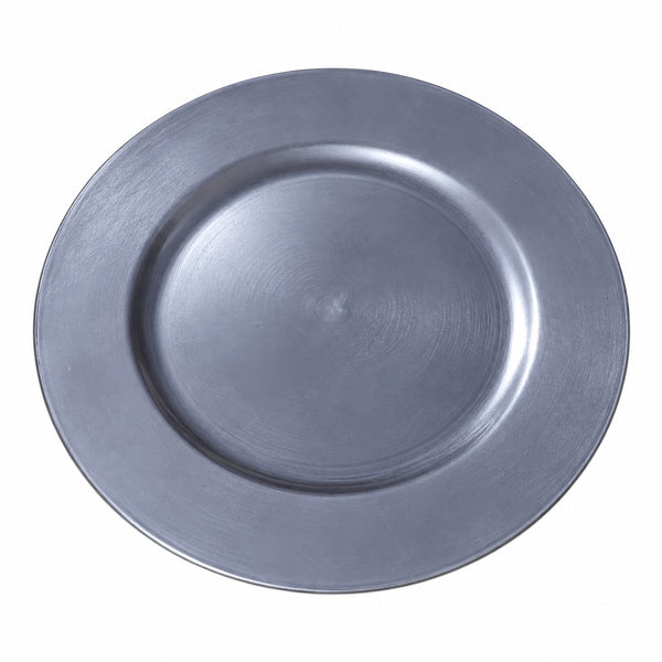 A round metallic silver charger plate with a brushed finish, photographed from directly above on a solid white background.