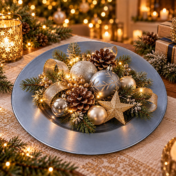 A festive holiday centerpiece arranged on a round silver charger plate, featuring silver and gold ornaments, pine cones, faux greenery, and warm string lights, with a blurred Christmas background.