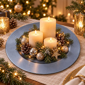 A festive Christmas table centerpiece featuring three cream pillar candles arranged on a round slate blue charger plate, surrounded by pine branches, pinecones, silver and gold ornaments, and a small gold star, with warm string lights in the background.