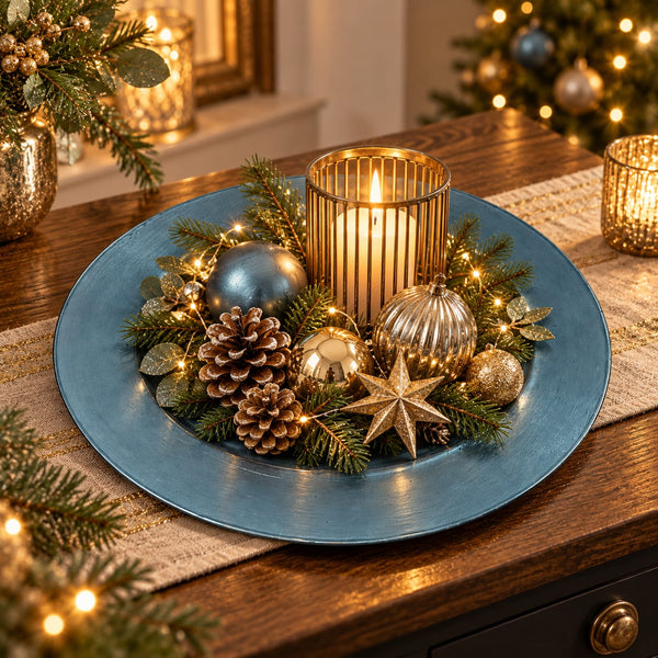 A festive holiday centerpiece arranged on a round blue plate, featuring a lit gold-toned candle holder, pinecones, metallic ornaments, evergreen branches, and warm string lights on a wooden table in a decorated Christmas setting.