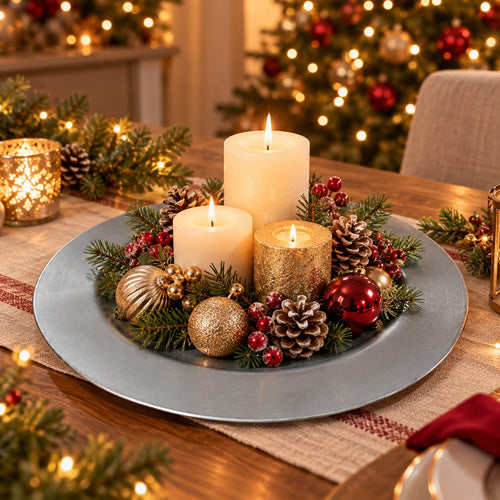 A festive Christmas table centerpiece featuring three lit pillar candles in white and textured gold, surrounded by pinecones, red berries, green pine branches, and gold and red ornaments on a round silver charger plate, set on a decorated dining table with a blurred Christmas tree in the background.