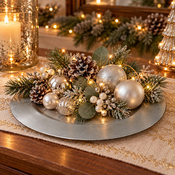 A festive holiday centerpiece arranged on a round silver platter, featuring silver and gold ornaments, pinecones, green foliage, frosted greenery, and warm string lights on a wooden table.