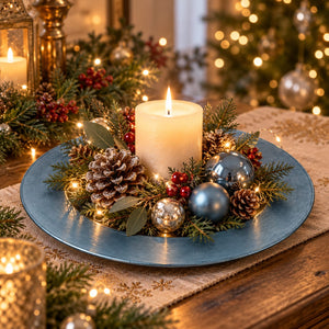 A festive Christmas centerpiece featuring a lit cream pillar candle surrounded by pinecones, evergreen branches, red berries, and silver and gold ornaments on a round blue plate, set on a wooden table with warm bokeh lights in the background.
