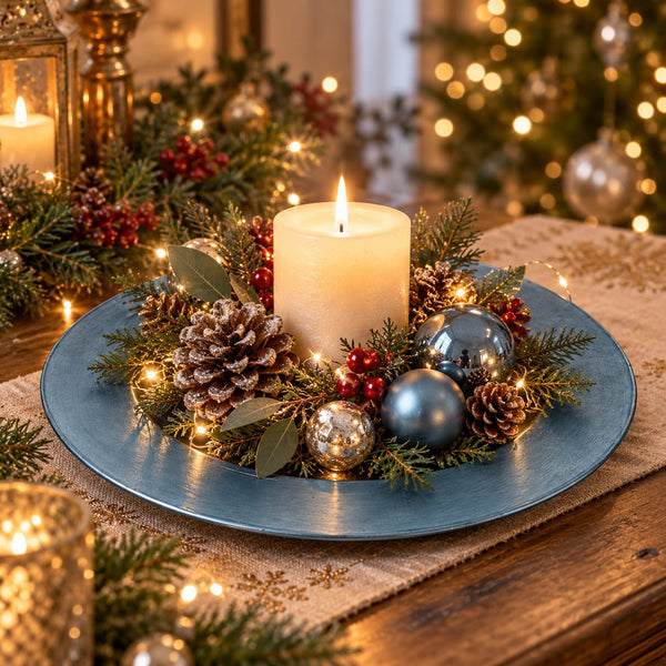 A festive Christmas centerpiece featuring a lit cream pillar candle surrounded by pinecones, evergreen branches, red berries, and silver and gold ornaments on a round blue plate, set on a wooden table with warm bokeh lights in the background.