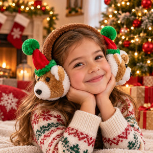 A young girl with long brown hair smiles while wearing plush Christmas-themed earmuffs with teddy bear faces and Santa hats, posed in a cozy holiday living room setting with a Christmas tree and fireplace in the background.