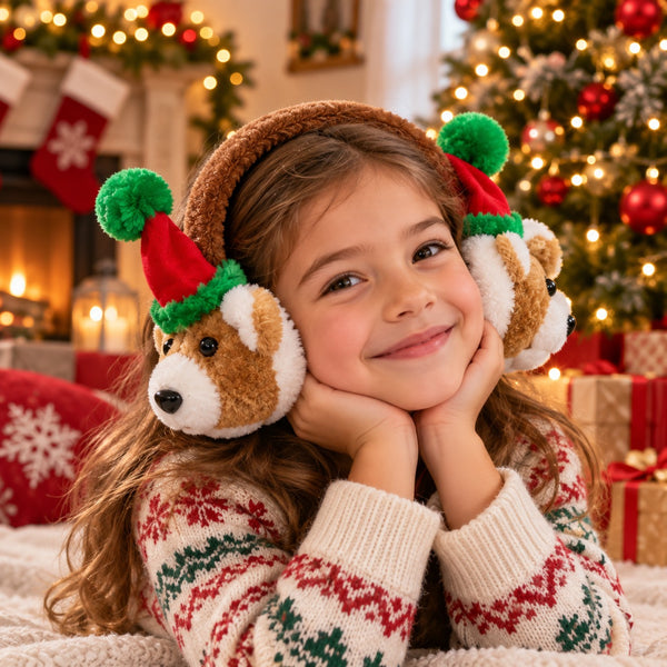 A young girl with long brown hair smiles while wearing plush Christmas-themed earmuffs with teddy bear faces and Santa hats, posed in a cozy holiday living room setting with a Christmas tree and fireplace in the background.