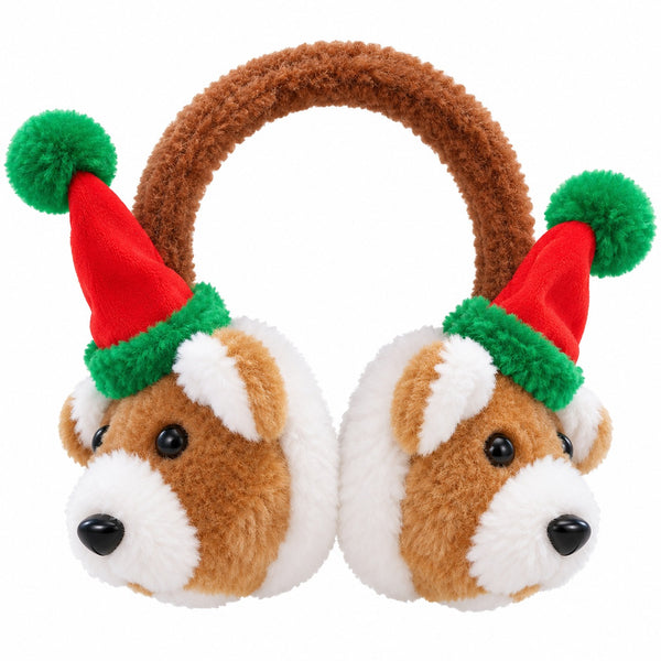 Brown plush earmuffs with dog-face ear cups and a fuzzy brown headband, each cup wearing a red and green Santa hat, on a white background.