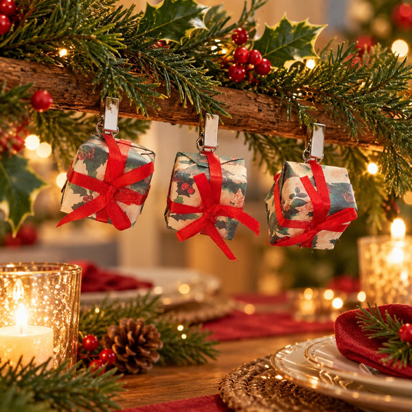 Three small Christmas ornament decorations shaped like wrapped gifts hang from a pine branch on a decorated holiday table. The ornaments have a vintage floral pattern in muted blue, green, and cream tones, tied with bright red ribbons, with warm candlelight and festive greenery in the background.