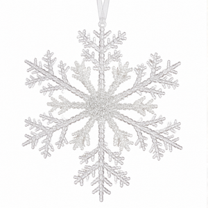 A single silver snowflake hanging ornament with a textured glittery finish and a white hanging ribbon at the top, shown on a plain white background.