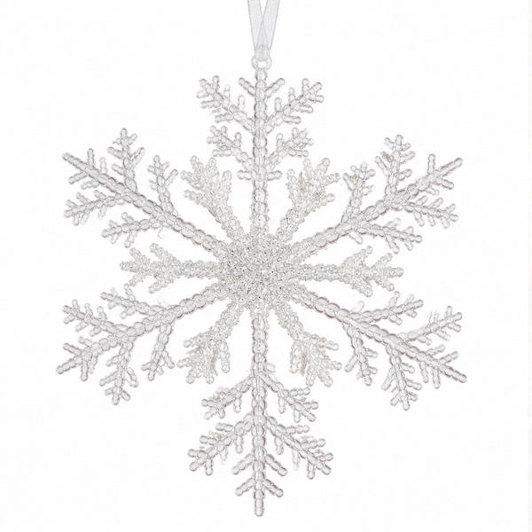 A single silver snowflake hanging ornament with a textured glittery finish and a white hanging ribbon at the top, shown on a plain white background.