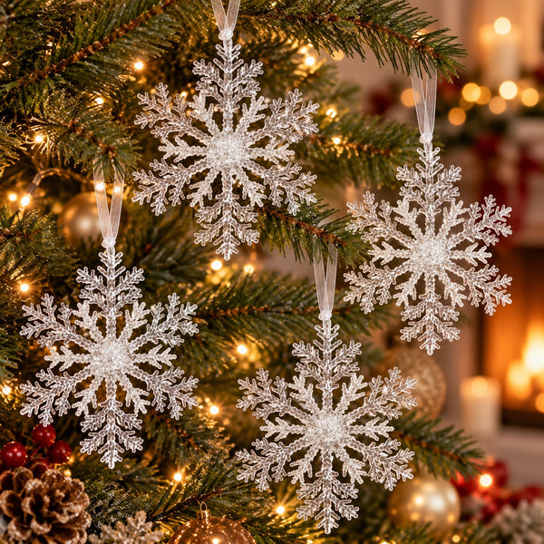 Four silver glitter snowflake Christmas ornaments hanging on a decorated evergreen tree with warm string lights.