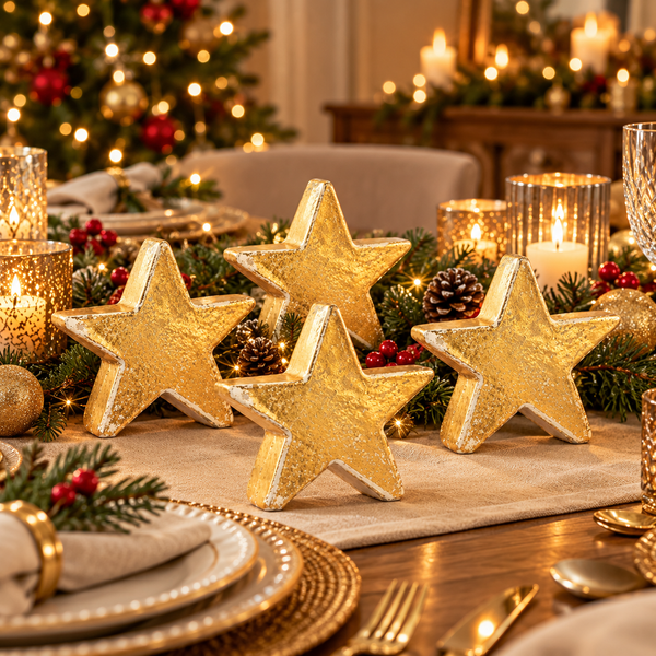 Four gold ceramic star decorations displayed on a cozy Christmas dining table