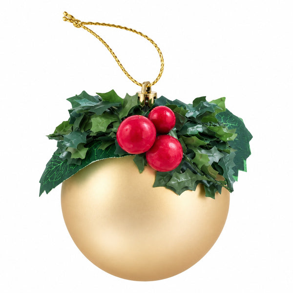 A gold Christmas ornament shaped like a smooth sphere, decorated with green holly leaves and three red berries, hanging from a gold string on a white background.