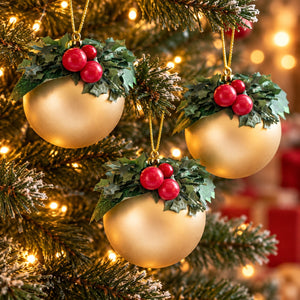 Three gold Christmas tree ornaments with green holly leaves and red berries hanging on a decorated Christmas tree with warm lights.