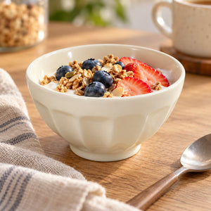 A white ceramic bowl filled with yogurt, granola, blueberries, and sliced strawberries on a wooden table, with a spoon, napkin, and a blurred mug in the background.