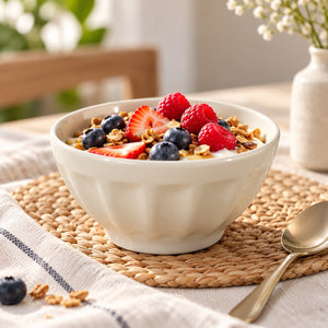 A white ceramic bowl filled with yogurt and topped with fresh berries, granola, and nuts, set on a woven placemat on a table with a spoon nearby.