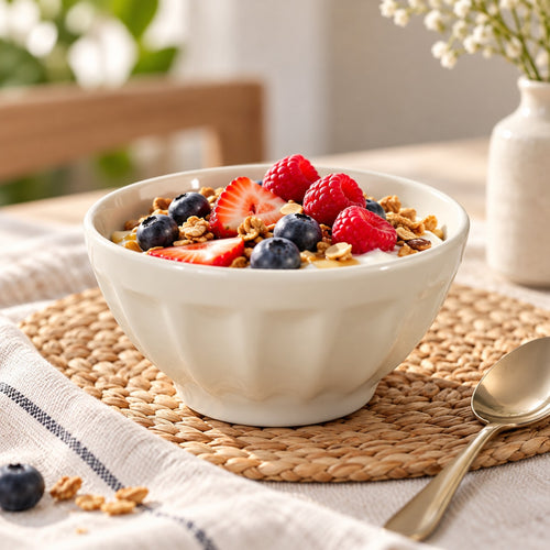 A white ceramic bowl filled with yogurt and topped with fresh berries, granola, and nuts, set on a woven placemat on a table with a spoon nearby.