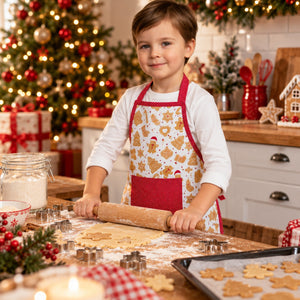 A young boy wearing a festive white apron with a red border and gingerbread cookie print, rolling out cookie dough on a wooden table in a decorated Christmas kitchen.