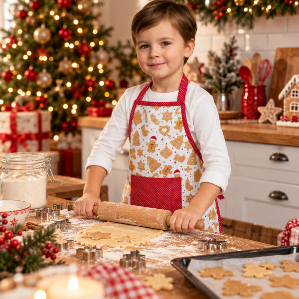 A young boy wearing a festive white apron with a red border and gingerbread cookie print, rolling out cookie dough on a wooden table in a decorated Christmas kitchen.