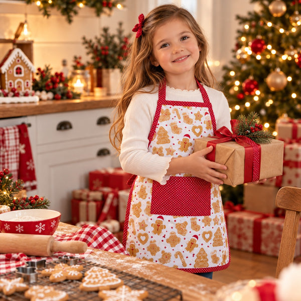 Migros kids gingerbread baking apron presented in a festive Christmas gifting scene