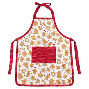 A festive kitchen apron with a white body covered in a gingerbread cookie pattern, featuring a solid red front pocket and red polka-dot neck, waist, and side ties, shown on a plain white background.