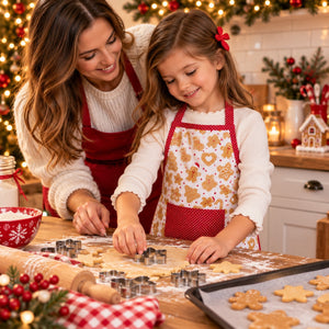 A woman and a young girl baking together in a cozy, warmly lit Christmas kitchen. Both are wearing matching white knit sweaters and red aprons decorated with gingerbread cookies.