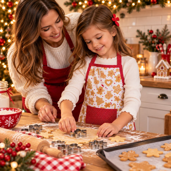 A woman and a young girl baking together in a cozy, warmly lit Christmas kitchen. Both are wearing matching white knit sweaters and red aprons decorated with gingerbread cookies.